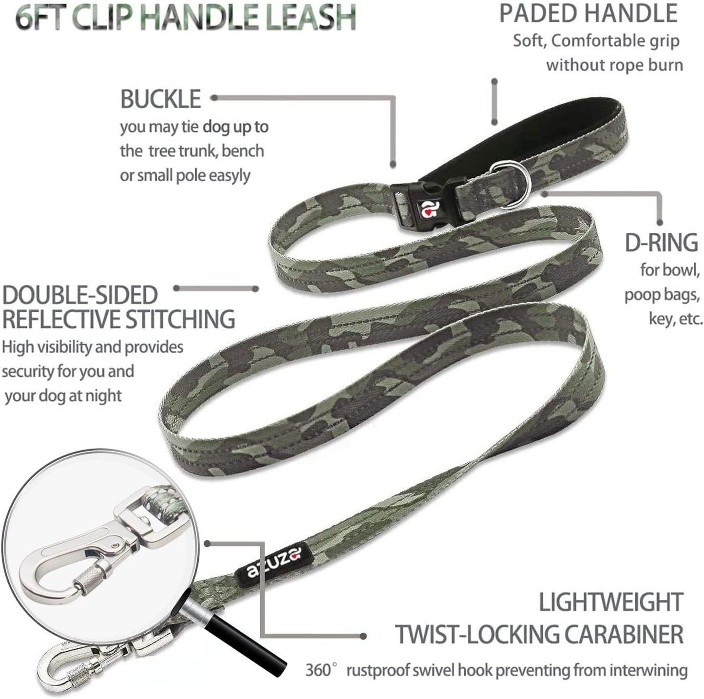 Azuza Reflective Dog Collar and Leash Set with Airtag Holder, Green Camo Padded Collar with Matching Clip Handle Leash for Medium Dogs