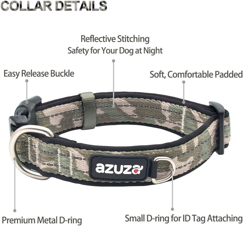 Azuza Reflective Dog Collar and Leash Set with Airtag Holder, Green Camo Padded Collar with Matching Clip Handle Leash for Medium Dogs