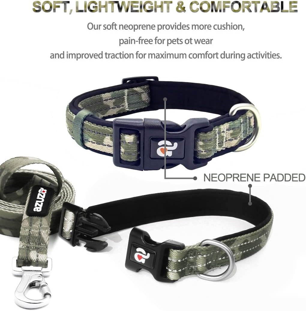 Azuza Reflective Dog Collar and Leash Set with Airtag Holder, Green Camo Padded Collar with Matching Clip Handle Leash for Medium Dogs