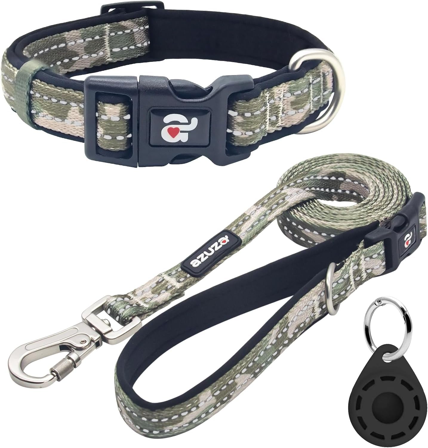 Azuza Reflective Dog Collar and Leash Set with Airtag Holder, Green Camo Padded Collar with Matching Clip Handle Leash for Medium Dogs